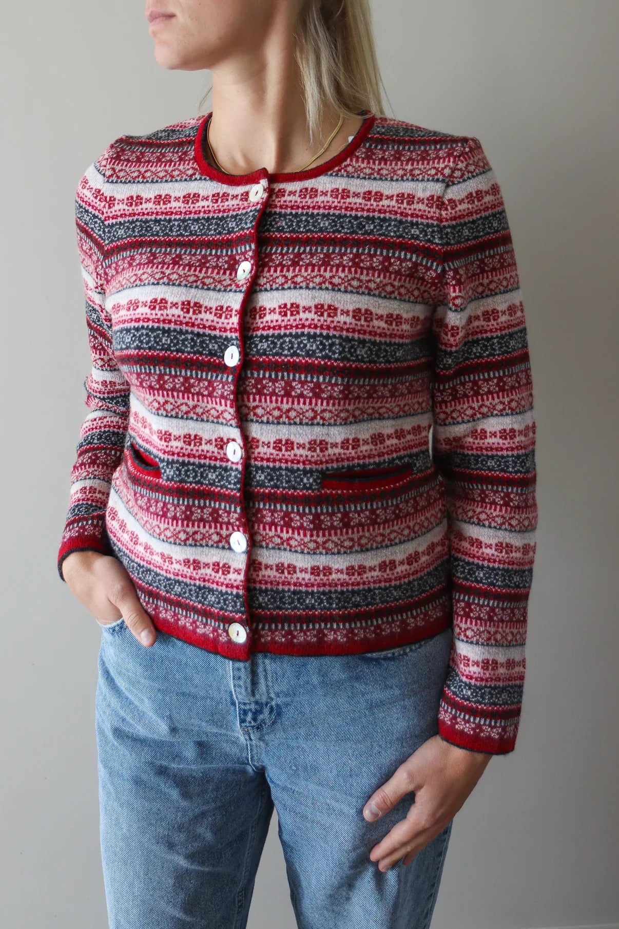 Emerald Grano Jacquard Cardigan - Red