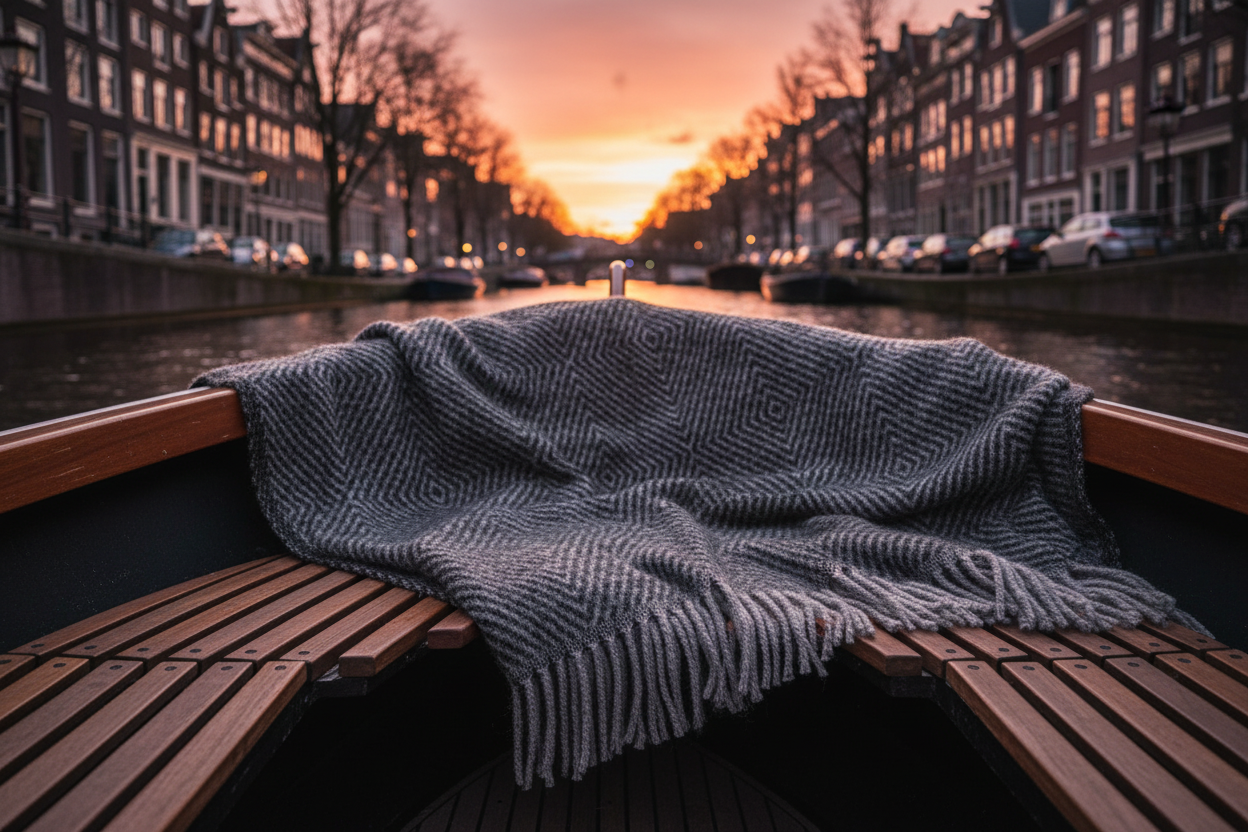 Antraciet plaid op sloep in Amsterdamse grachten bij zonsondergang