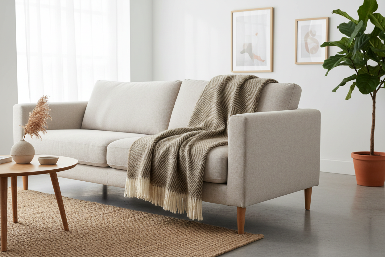 Beige plaid gedrapeerd over bank