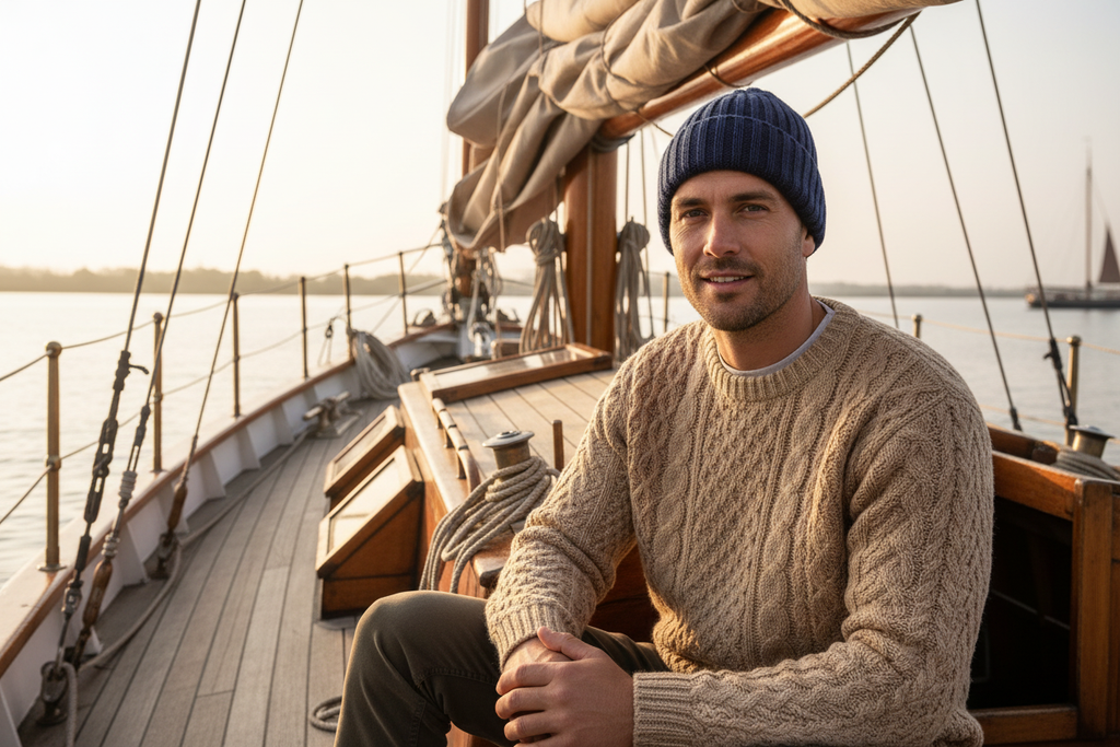Blauwe Emerald Beanie - Man op zeilboot