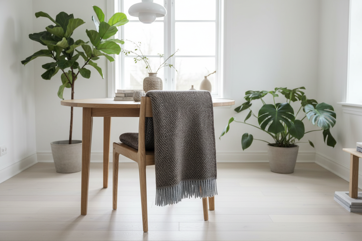 Coffee brown plaid over stoel bij ronde tafel