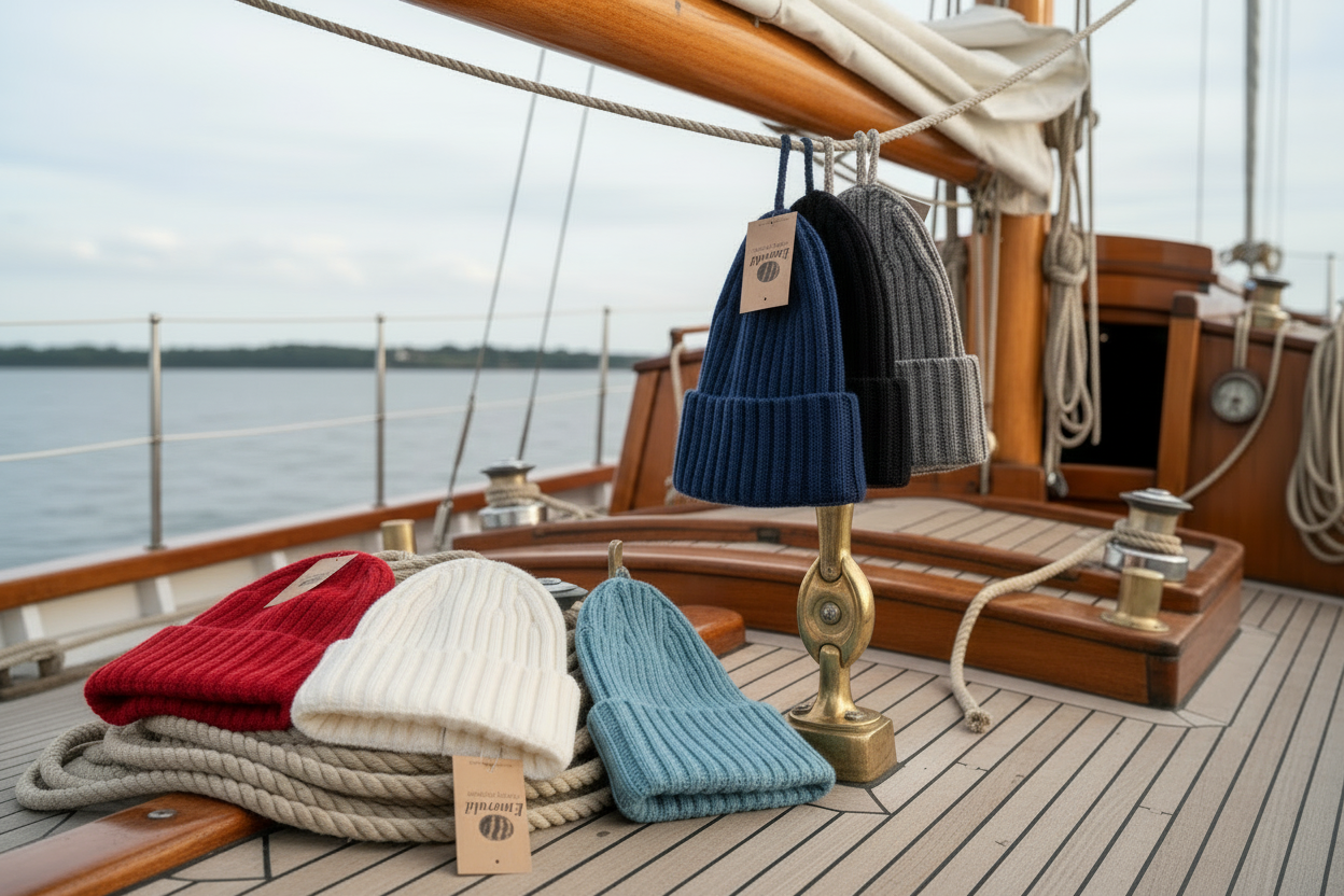 Emerald Beanie - 6 kleuren met rood op zeilboot