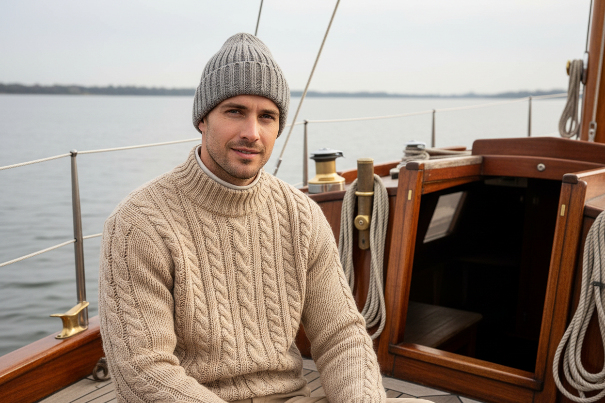 Grijze Emerald Beanie - Man op zeilboot