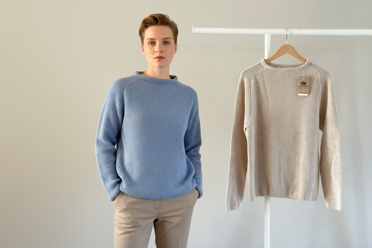 Jurmo trui promotie - Model in Light Blue met Light Beige