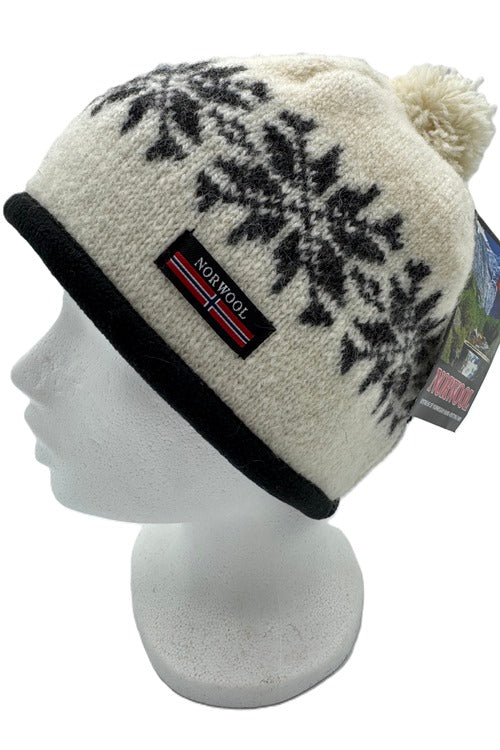 M190 51 - Noorse Wollen Snowflake muts met Fleeceband - Ecru