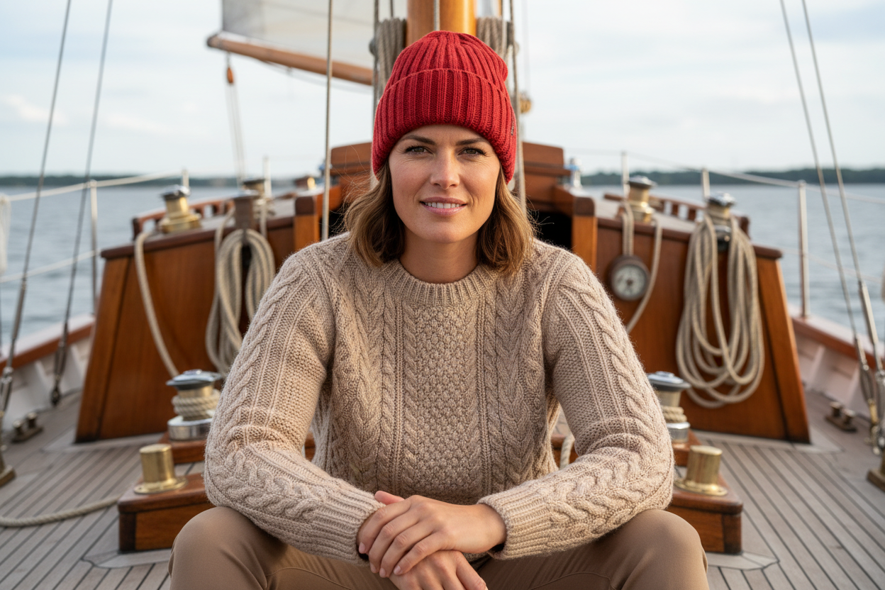 Rode Emerald Beanie - Vrouw op zeilboot